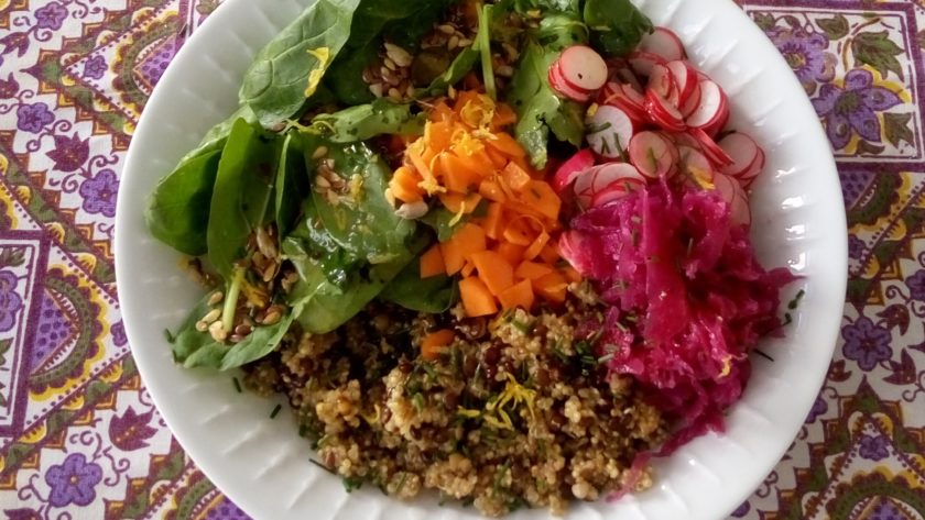 Vegan bowl quinoa, lentilles noires, épinards, carottes, radis, chou rouge